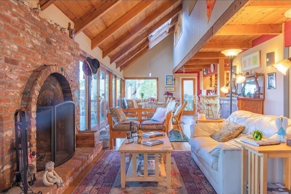 Smart TV, fireplace, books, stereo