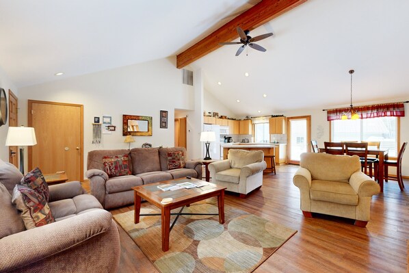 TV, fireplace, video-game console, books