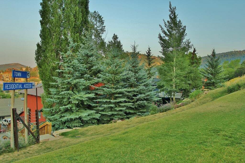 Un quartier résidentiel avec un panneau indiquant le nom de la ville, une entrée fermée par un portail et des arbres à feuilles persistantes.