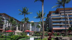 A hotel with multiple floors, palm trees, and a sign indicating no swimming in the pool.