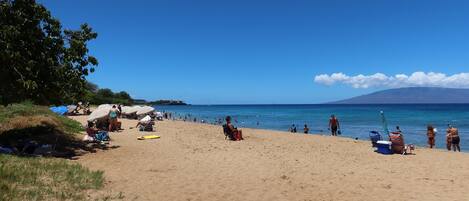 On the beach, sun-loungers, beach towels