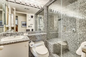 Combined shower/tub, hair dryer, towels