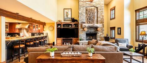 TV, fireplace, video games, stereo