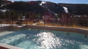 A hot tub with a view of a snowy mountain and a forest. - On River Trail! 2 Hot Tubs. Walk to Festivals, Dining, Shops, Activities (Keystone)