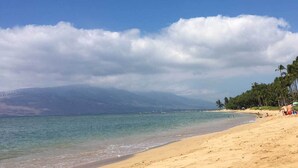 A beach with clear water, a sandy shore, and palm trees. - Waiohuli Beach Hale #D-120 Steps to Beach Oceanfront Complex with Great Rates (Kihei)
