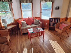 TV, fireplace, DVD player, books