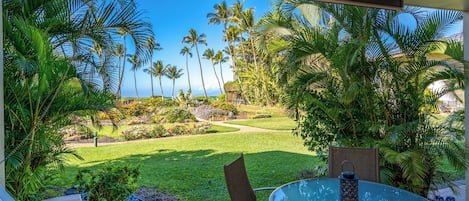A patio with a glass table and chairs, overlooking a well-maintained garden with palm trees and a view of the ocean.
