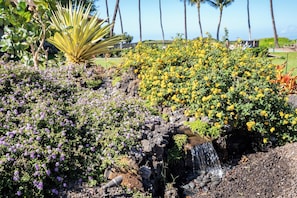 Een tuin met een kleine waterval, verschillende bloeiende planten en een palmboom.