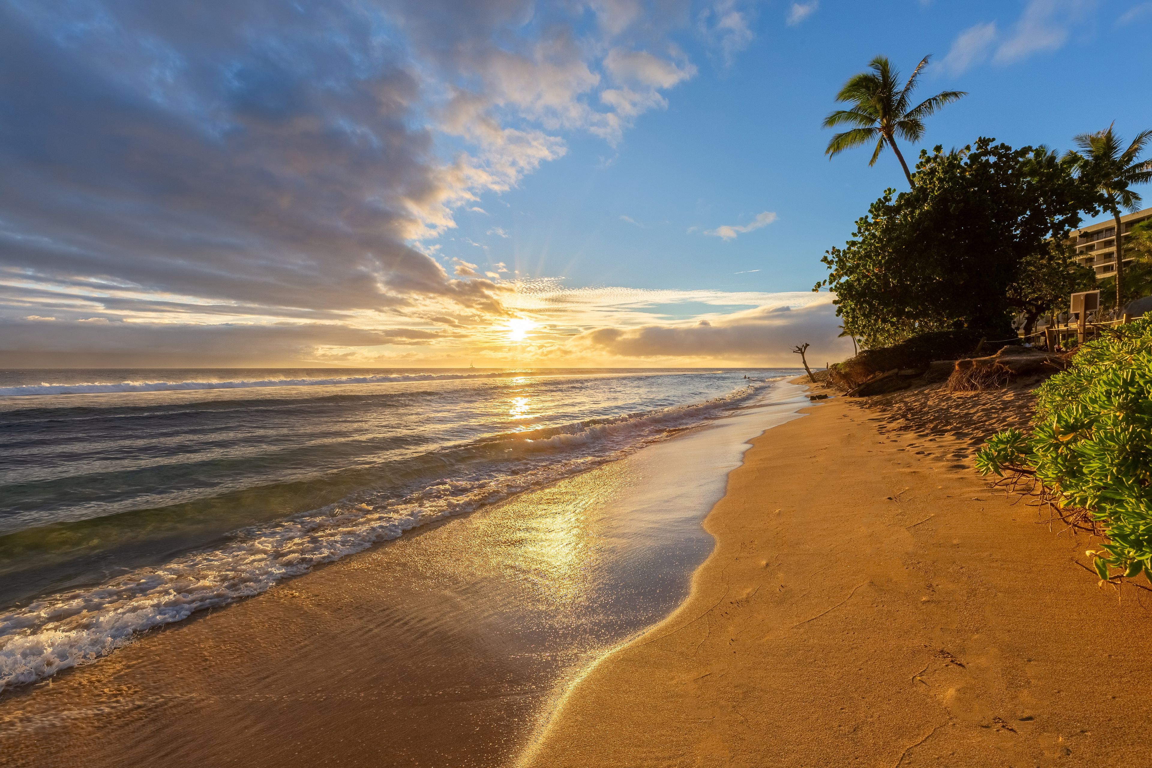 A beach with a clear sky, ocean waves, and a sunset.
