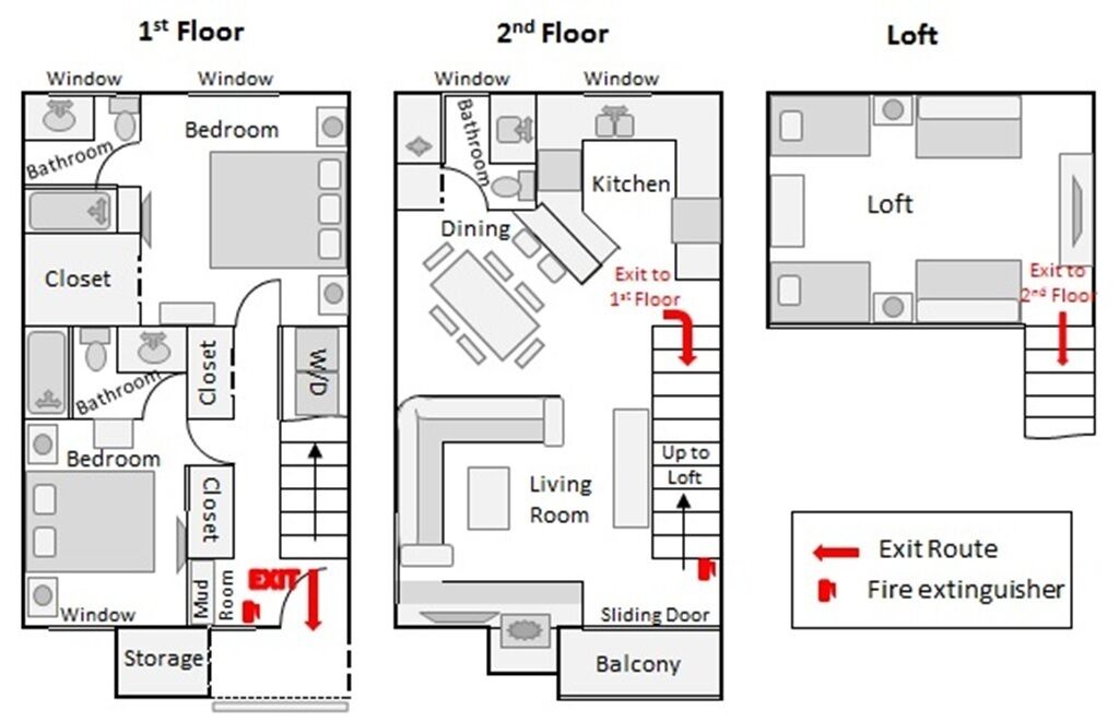 A hotel floor plan with 1st and 2nd floors, including bedrooms, bathrooms, a kitchen, dining area, living room, storage, and a balcony.