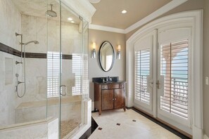 Shower, rainfall showerhead, towels