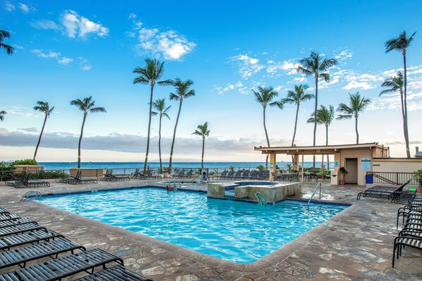 A swimming pool with lounge chairs and palm trees, overlooking the ocean.