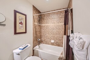 Combined shower/tub, hair dryer, towels, shampoo
