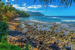 A rocky beach with clear blue waters and a mountainous backdrop.