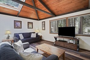 TV, fireplace, DVD player, books