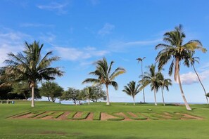 A golf course with a clear sky and palm trees.