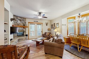 TV, fireplace, video games, DVD player