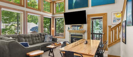 Smart TV, fireplace, DVD player, video library