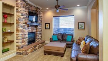 Télévision, cheminée, jeux vidéo, espaces bureaux