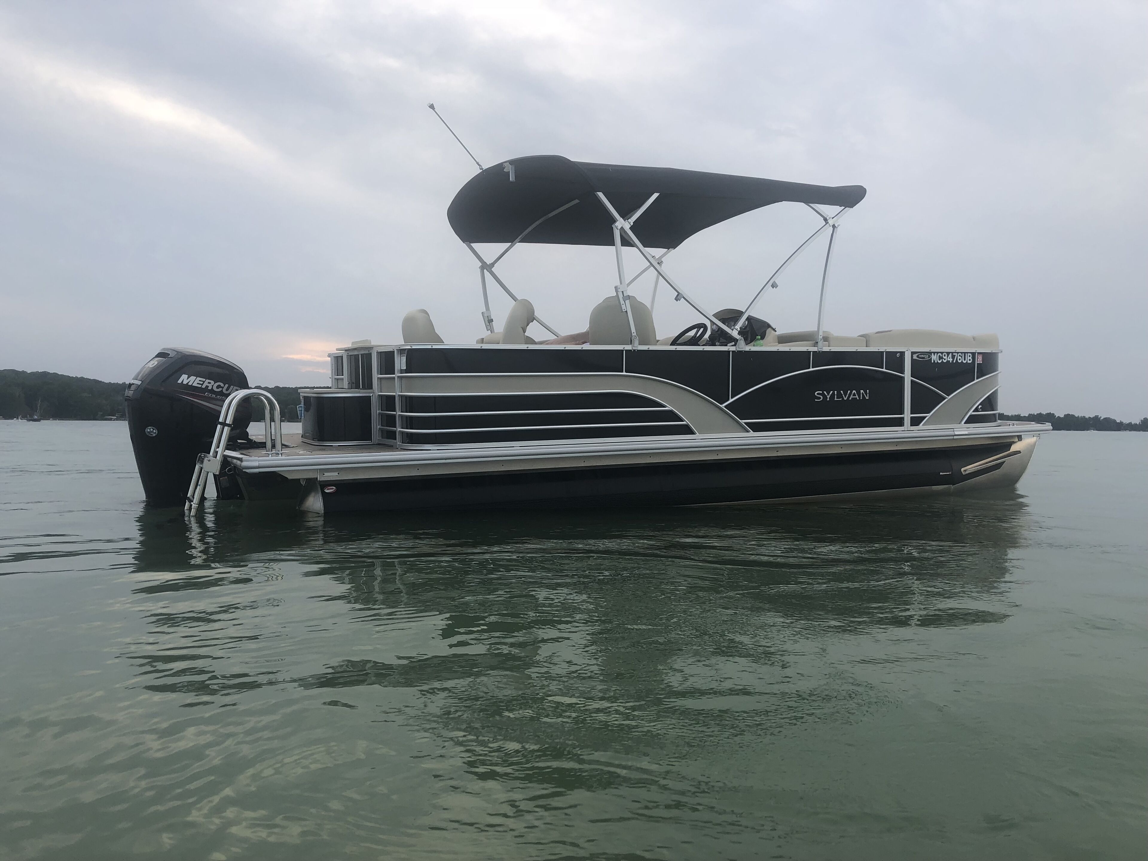 A pontoon boat named 'SYLVAN' with a Mercury outboard motor, a covered seating area, and a wakeboard.