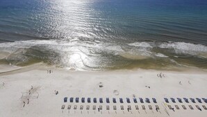 A beach with rows of sun loungers and a clear view of the ocean.