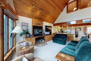 TV, fireplace, DVD player, books