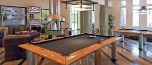 A pool table in a room with a sofa, a lamp, and a television. - Cowboy House Luxurious 3 bedroom Condo/ CommunityPool/ Grayhawk/ Scottsdale (Scottsdale)