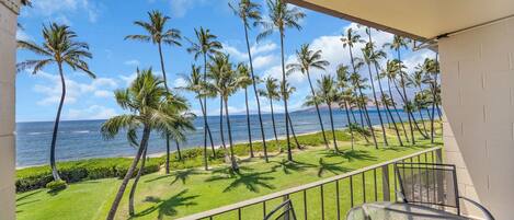 A balcony with a view of the ocean and palm trees.