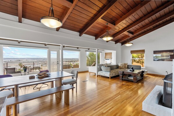 Smart TV, fireplace, books