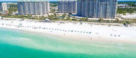 On the beach, sun loungers