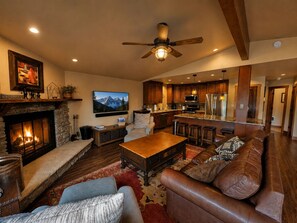 TV, fireplace, DVD player, books