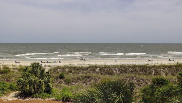 Een strand met mensen en voertuigen, een zandstrand en een grasveld op de voorgrond.
