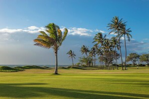 A golf course with a clear view of the ocean, palm trees, and a well-maintained green field.