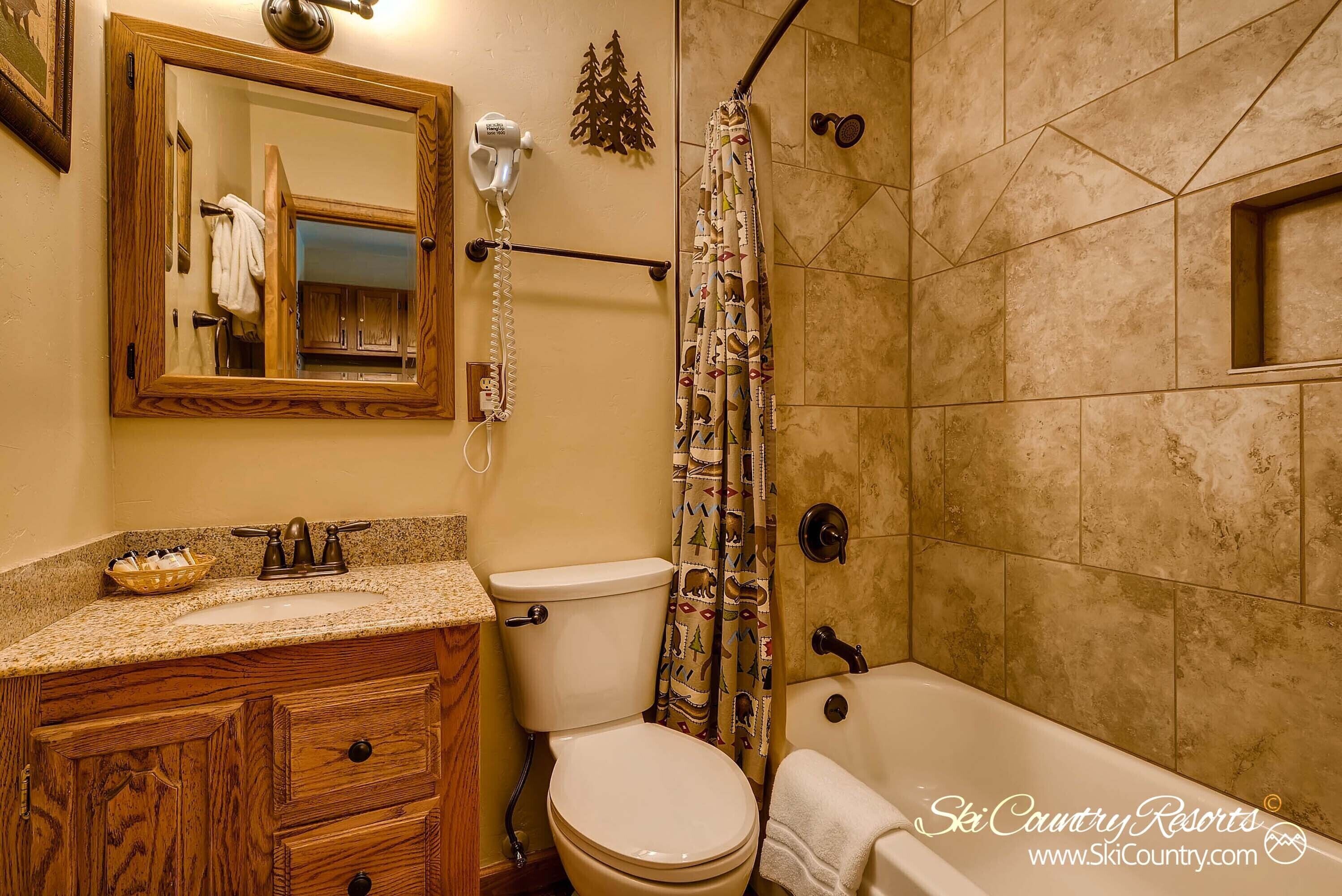 Combined shower/bathtub, hair dryer, towels