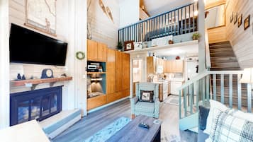 Fernseher, Kamin, DVD-Player, Bücher