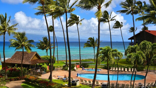 A resort with a pool, palm trees, and a view of the ocean. - Remodeled tropical dream with ocean views (Lahaina)
