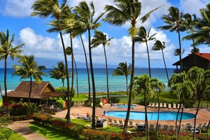 A resort with a pool, palm trees, and a view of the ocean.