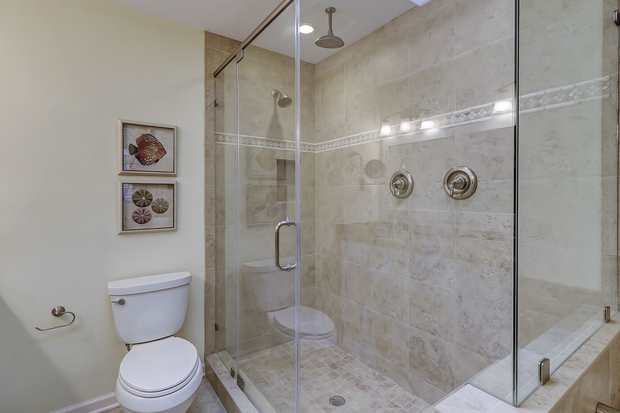 A modern bathroom with a glass-enclosed shower, a toilet, and a bidet.