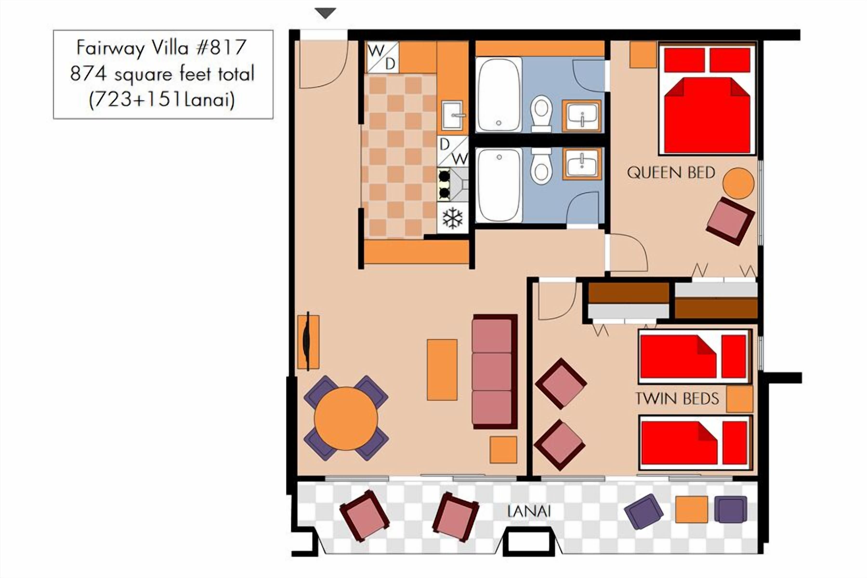 Plano de planta de Fairway Villa #817, con un total de 874 pies cuadrados, incluyendo 723 pies cuadrados de espacio habitable y 151 pies cuadrados de terraza cubierta.