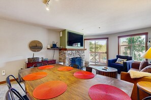 TV, fireplace, DVD player, foosball