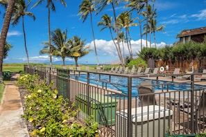 A pool area with lounge chairs, a fenced pool, and palm trees.