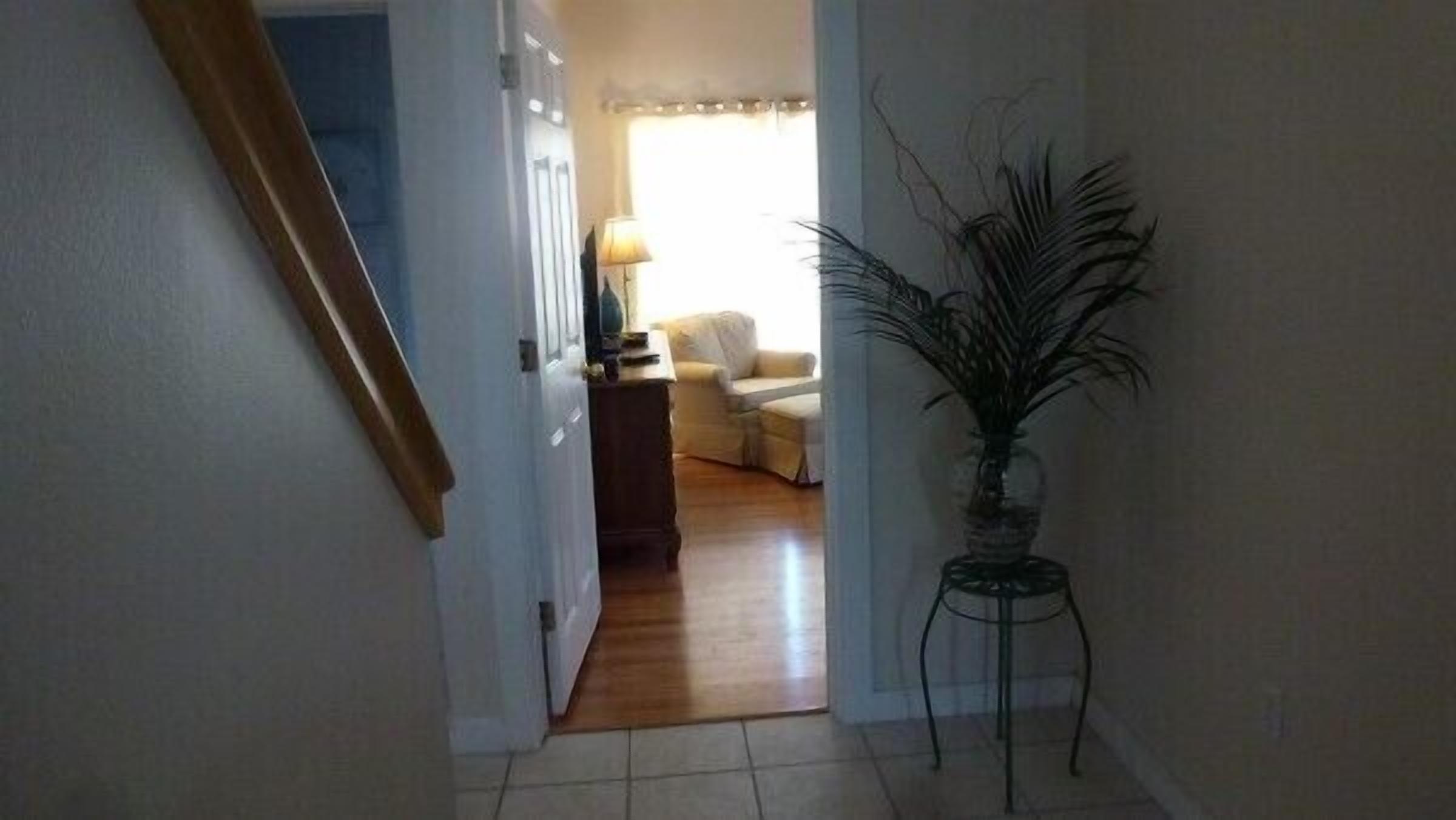 A hallway with a wooden staircase, a door leading to a living room with a sofa and a lamp, and a potted plant.
