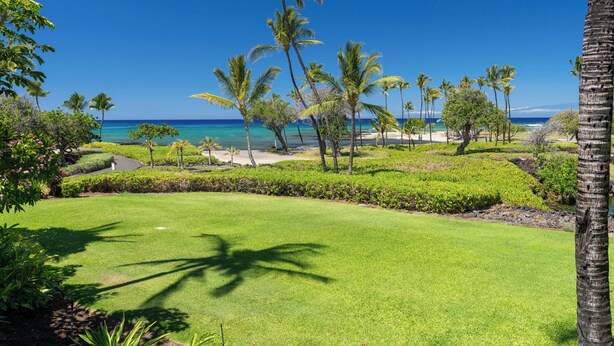 Ein gepflegter Golfplatz mit freiem Blick auf das Meer und Palmen.