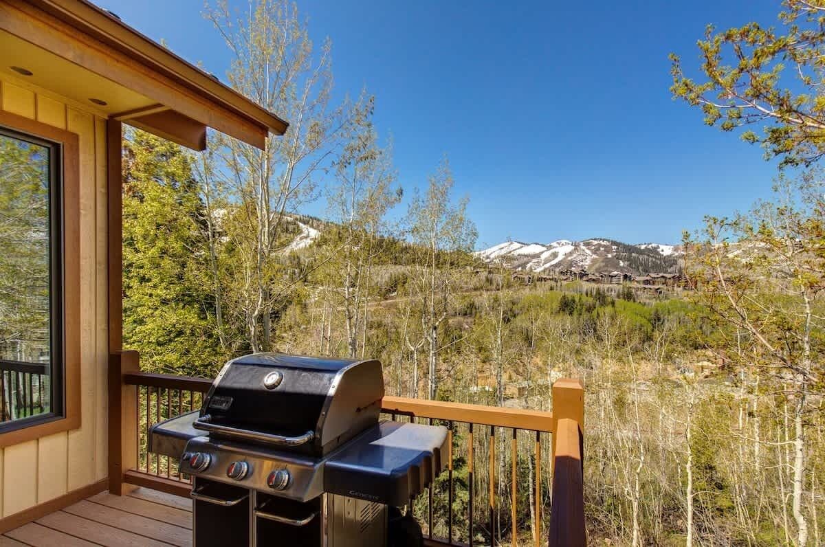 Une terrasse avec un barbecue, une rambarde en bois et une vue sur des montagnes enneigées.