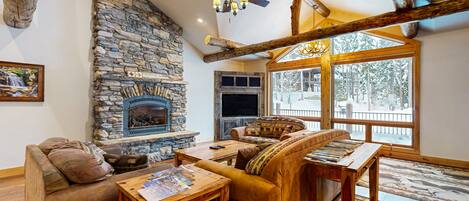 Televisión, chimenea y reproductor de DVD