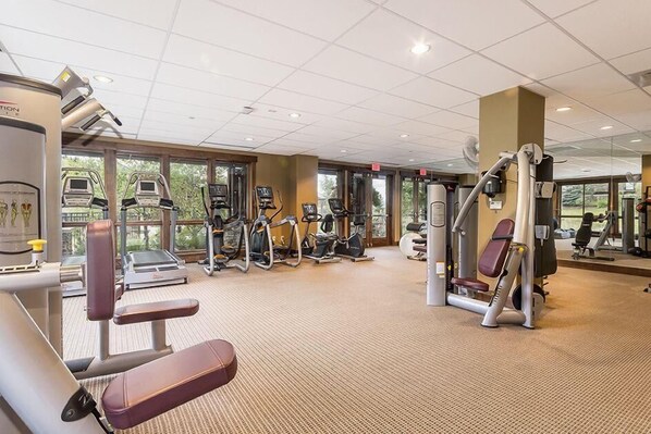 A gym with various exercise machines, a treadmill, and a mirrored wall.