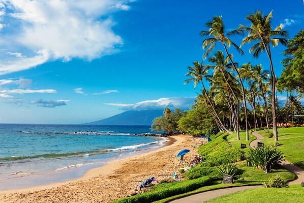On the beach, sun-loungers, beach towels