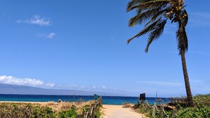 On the beach, sun loungers, beach towels