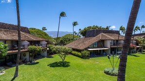 A resort with multiple buildings, a well-maintained lawn, and palm trees. - Ma'alaea Surf, Unit G10, 2BR Beachfront Condo, AC, Wi-Fi, Pool, TV, Kitchen (Kihei)
