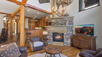 Een smart-tv, een open haard, een dvd-speler en een stereo